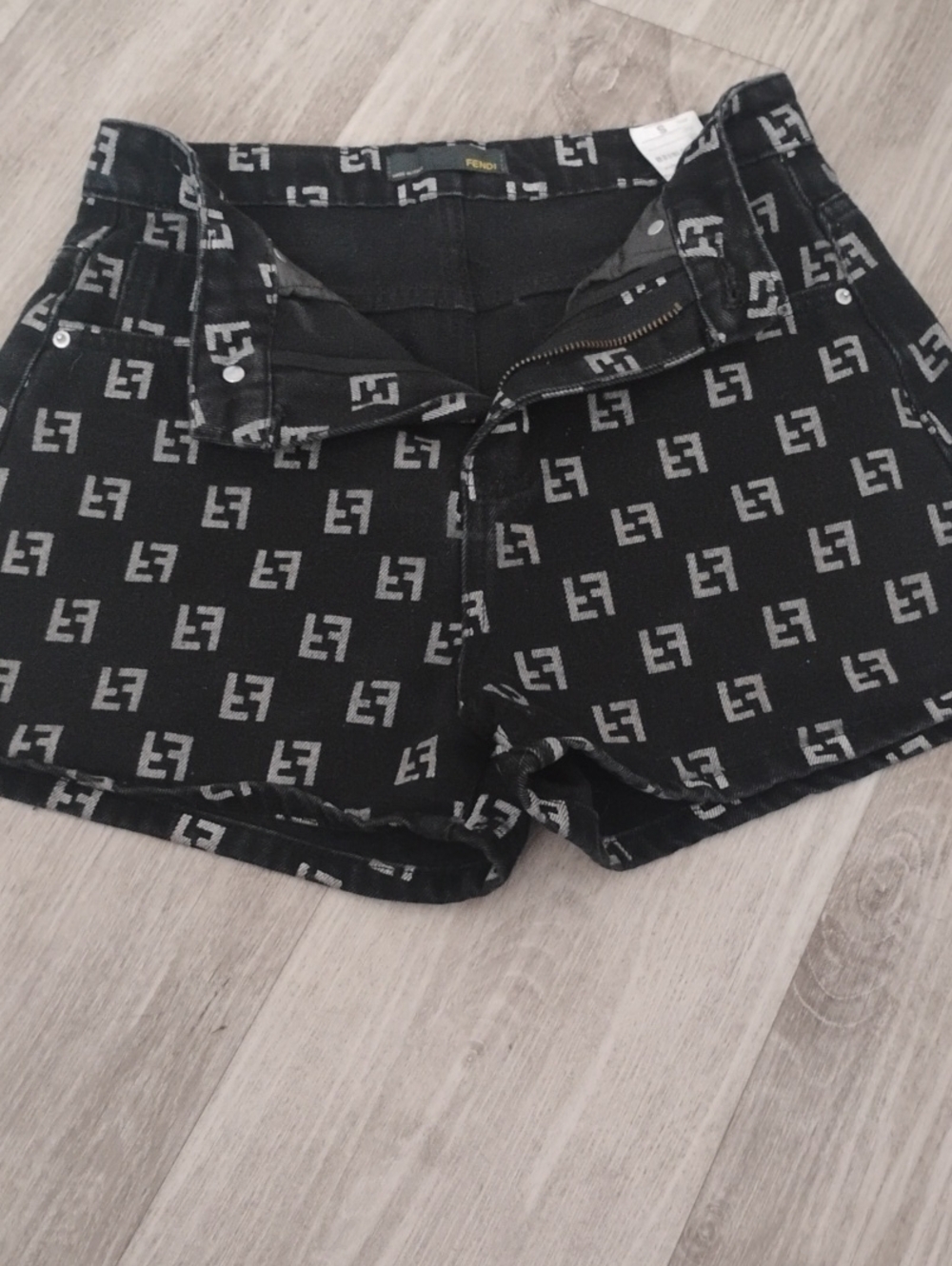 Fendi Black & Gray FF Logo Jacquard Denim Shorts